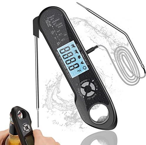 Meat Thermometer Dual-Probe Instant Read Gigital Thermometer with Waterproof, Wireless Cooking Thermometer for Meat, Deep Frying, Baking, Outdoor Cooking- Bottle Opener (Black)
