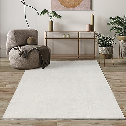 Mia's Teppiche Comfort Moderner Flauschiger Kurzflor Teppich, Anti-Rutsch Unterseite, Waschbar bis 30 Grad, Super Soft, Felloptik, Creme, 120 cm Rund