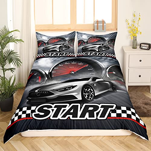 Homewish Rennen Auto Bettwäsche Set für Jungen Kinder Coole Sport Auto Bettwäsche 135x200 Mädchen Mann Extreme Sport Bettbezug Red Racing Car Print Schwarz und Weiß Gitter Dekor Tröster Abdeckung