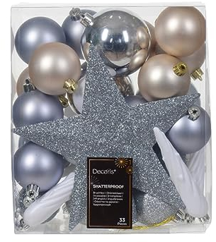 Kaemingk Weihnachtskugeln Kunststoff 5-8cm mit Christbaumspitze Stern 33er Set bruchsicher Mix Hellblau - Silber - Perle - Winterweiß
