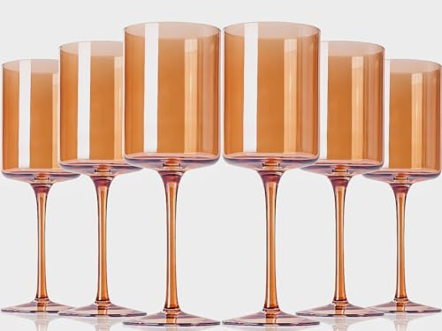 TrophyToast Amber Wine Glasses Set of 6 - 14oz Hand Blown Square Colored With Tall Long Stems, Modern Set for All Occasions