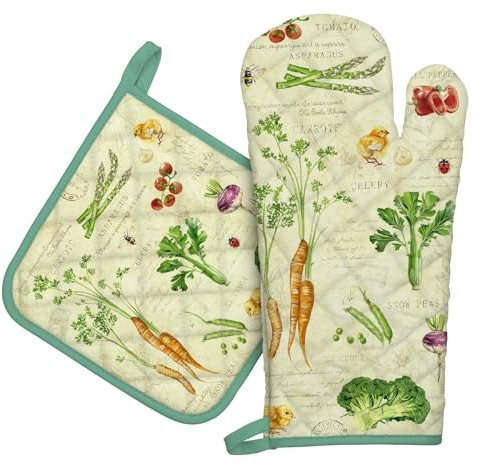 Arquiel Ofenhandschuh und Topflappen 2er Set, 100% Baumwolle Kochhandschuhe, Hitzebeständiger Küchenhandschuh Zum Kochen Backen Grillen Geschenk,Retro-Obst und Gemüse