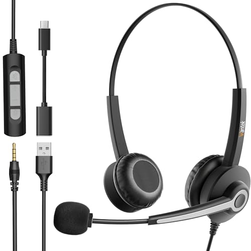 Wantek Cuffie con microfono per cancellazione del rumore, USB/Type-c/3,5 mm, jack 3 in 1 PC, cuffie USB e cavo regolazione del volume per Call Center, Skype, Zoom, Home Office, corsi online, Chiara