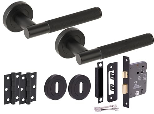 Hunta HANDLEZONE® Evo Knurled Grip Door Handles on Rose 3 Lever Lock Pack, 76mm Lock, 75mm Ball Bearing Hinges - Black Matt