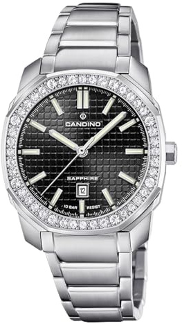 Candino Swiss Damenuhr Analog aus Edelstahl 316l Silberfarben | Quarzwerk, Widerstandsfähiges Saphirglas, Wasserdicht 5 ATM, Kalender C4756/5, Icon, Schwarzes Zifferblatt