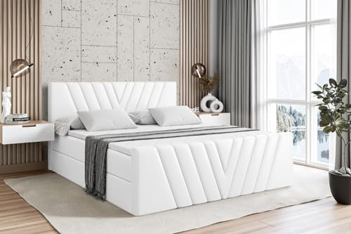 ALTDECOR Boxspringbett mit Matratze und Lattenrost, Boxbett, Topper, Fußteil, Polsterbett mit Bettkasten, Bett mit Stauraum H3-Matratze, Springboxbett - ERNINA-Z - 200x200 - Weiß Kunstleder