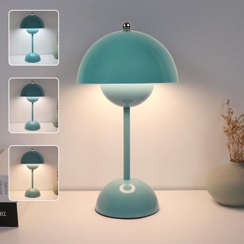 EXTRASTAR Flowerpot LED Tischlampe, Dimmbare Touch-Pilz Lampe, Kabellos mit 3 Farbtemperatur, USB-Aufladbare, Tischlampe für Schlafzimmer, Wohnzimmer, Blau