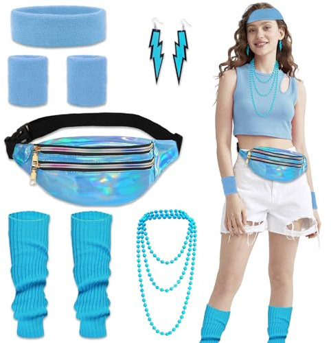 80er Jahre Outfit Damen- Disco 80er 90er Jahre Accessoires mit Bauchtasche Stirnband Beinwärmer Armbänder Halskette Ohrring 80s 90s Kleidung Retro Trainingsanzug Karneval Fasching Mottoparty Kostüm