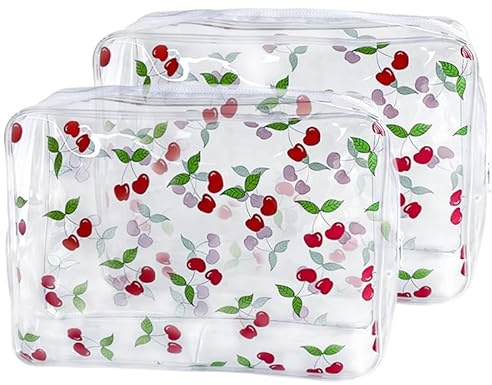 TotePrint 2er-Set Transparente Kosmetiktaschen Mit Tasche Aufnehmen Früchte-Print Stück Reißverschluss 9.84''×7.08''×2.36'' (Die Kirsche)