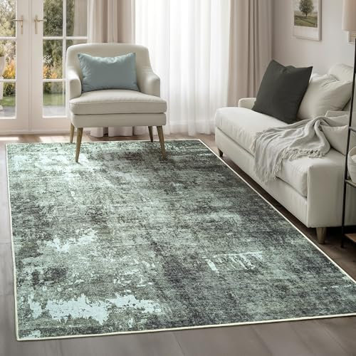 artyrugs Machine Washable Rug, 152x213cm, 75% Recycled Cotton, Short Pile, Non-Slip Backing, Non-Shedding, Area Rugs for Living Room, Bedroom, Kitchen, Hallway, Office, Dark Sage