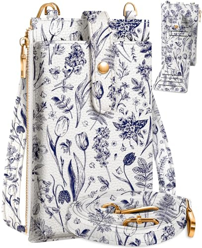 Miss Adola Handytasche Crossbody für Frauen – Leder Handytaschen Blau Blumen Damen Handy Geldbörse Tasche mit Schultergurt Niedlich Designer Ästhetik Handy Geldbörse