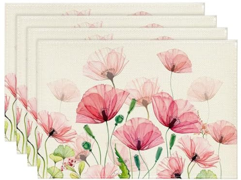 Mohn Frühling Platzsets Set 4 Stück, Tischset Ostern, Platzsets Saisonaler Platzdeckchen Frühling Sommer Küche Tisch Dekoration, Oster Tischdeko, Drinnen Urlaub Party Deko 30x45cm