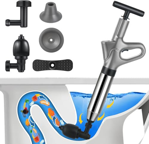 Pompa Stura Scarichi a Pressione, Sturatubi Aria Compressa con Barometro, Sturalavandini a Pressione con Quattro Diverse Ventose per Bagni Servizi Igienici Lavabi