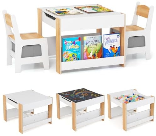 COSTWAY Kindertisch mit 2 Stühlen, 3 teilige Kindersitzgruppe aus Holz mit wendbarer Tischplatte, Bücherregalen & Aufbewahrungsboxen, 4 in 1 Kinder Maltisch mit Stauraum für ab 3 Jahren (Natur)