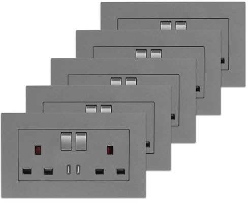 5 Pack CNBINGO Double Switched Power Socket with Type-C USB Ports, Grey | 20W Fast Charging, 13 Amp Electrical Wall Plug Socket