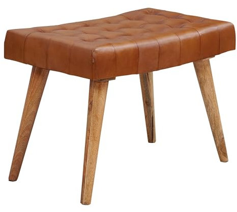 Sitzhocker 67x47x39 cm Mango Massivholz/Echtleder Chesterfield-Design | Lederhocker Braun | Beistellhocker Hocker ohne Lehne | Country Fußhocker