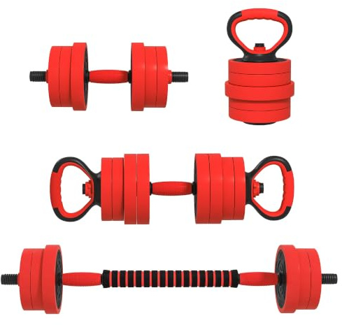 SPORTNOW Hantel-Set, verstellbar, 20 kg, 4-in-1, Hantelset mit Kettlebell, Hantelstange für Krafttraining zu Hause, Fitnessstudio, Büro, Rot