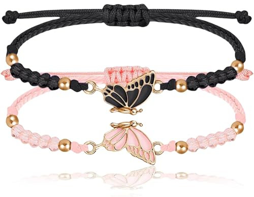 Nayyana 2 Stück BFF-Armbänder, passende Schmetterlingsarmbänder, handgefertigte Charm-Freundschaftsarmbänder, verstellbares Armband für Beste Freunde, Schmuckgeschenke, Schwarz+Rosa