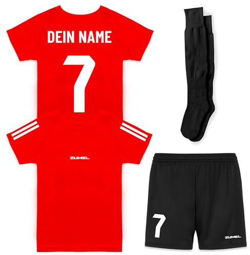 ZUMEL Fußballtrikot Kinder – Personalisiert mit Name & Nummer – Rot Schwarz