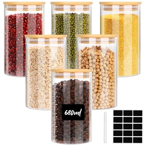 Ezvsevuo 6pcs Tarros de Cristal con Tapa, 680ml Botes Cocina Almacenaje, Tarros Cristal Hermeticos con Tapa Bambú, Recipientes de Cristal para Alimentos, Pasta, Cereales, Legumbres, Café