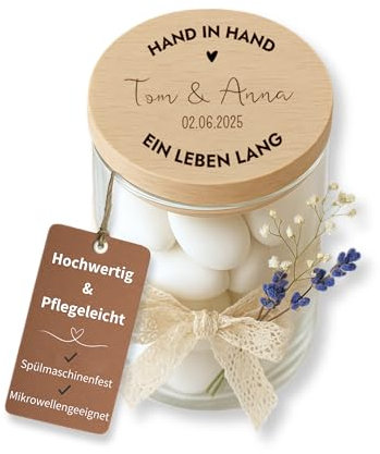 Personalisierbares Vorratsglas mit Holzdeckel – Geschenk zur Hochzeit – Glas mit Gravur & Deko – Gastgeschenk - [einzeln - S/M/L - 0,2-0,8 L] - Deko Hochzeit (Hand in Hand, M: 530ML)