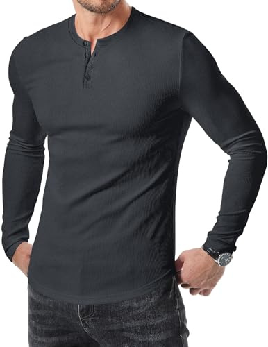 Meilicloth Mens Long Sleeve T Shirt Henley T Shirts Casual Crew Neck Tee Button up Tops Dark Grey