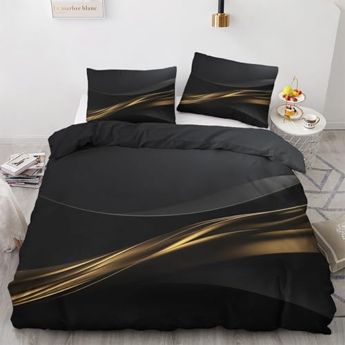 Generisch Schwarz Gold Bettwäsche 135x200cm, Linie Modern Bettwäsche-Sets 2 Teilig, Bettbezug + 1 Kissenbezüge 80x80cm Weich Mikrofaser mit Reißverschluss 21D&-11