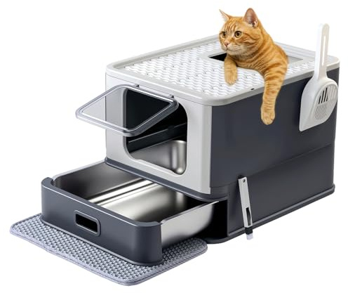 Marchul Bac à Litière pour Chat en Acier Inoxydable avec Couvercle et Tiroir, Entrée Avant Réglable et Sortie par Le Dessus, Double Accès, Litière Couverte Métallique avec Pelle, Gris Foncé