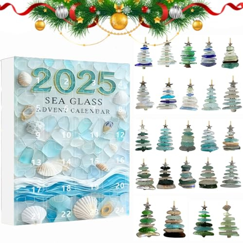 Seeglas Weihnachtsbaum Adventskalender 2025, 24-tägiger Weihnachts-Countdown-Kalender mit 24 Miniatur-Seeglas-Christbaumanhängern, handgefertigte Weihnachtsdekoration mit Meeresmotiven (B-1set)