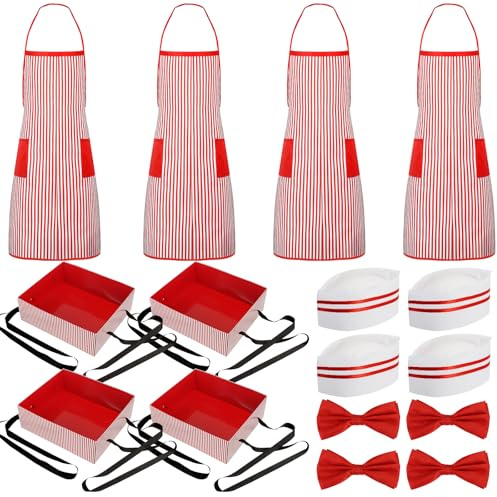 16 Stück Popcorn Kostüm, 1950er Popcorn Verkäufer Kostüm für Herren Mädchen | Schürze Rot Weiß Gestreift, Hot Dog Soda Jerk Kostüm, Erwachsene Küchen Koch Outfit für Mottoparty Filmnacht