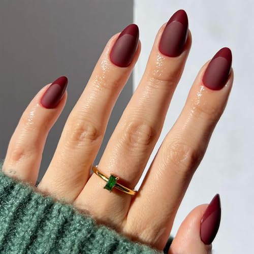 OuryTech Ongles à Presser Rouge, 32 Pièces d'Ongles Artificiels à Coller et Faux Ongles, Press-Ons Amande Rouge Foncé avec French Tip Brillant pour Femmes (Type A)
