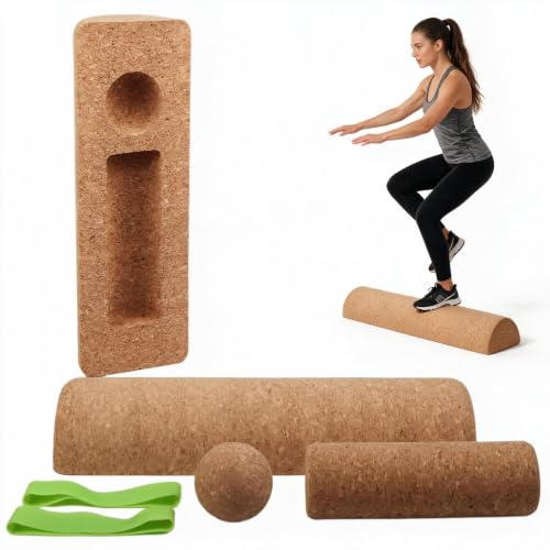 4-in-1 Cork Foot Balance Board Set with Roller & Massage Ball, 2 Toe Resistance Bands for Ankle Stability, Yoga & Mobility Training