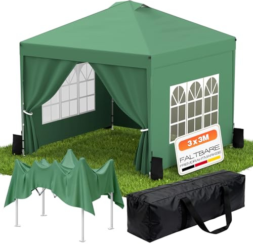 Huracan Faltpavillon Höhenverstellbar, Pavillon 3x3m Wasserdicht Stabil Windschutz, Faltbar Partyzelt mit Seitenwänden & 4 Sandsack, Pop up Gartenpavillon Sonnenschutz für Hochzeiten, Freien, Grün