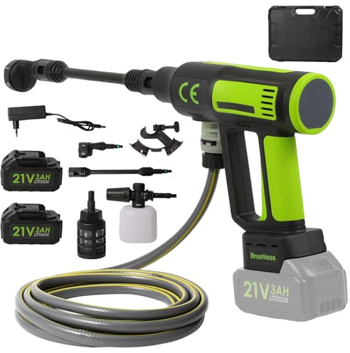 Pulitore ad alta pressione senza fili con 65 Bar & 6 modalità spray (Verde) | Ugello portatile 6 in 1 per auto, pistola ad acqua lavaggio auto con batterie, raccordo rubinetto per auto, Jardi