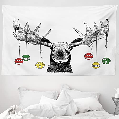 ABAKUHAUS Elche Wandteppich, Weihnachten Tier Xmas Ornamente Kugeln hängen von Hörnern lustig Noel Skizze Kunst, aus Weiches Mikrofaser Stoff Wand Dekoration Für Schlafzimmer, 230 x 140 cm, Grau Weiß