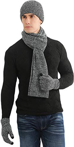 LAUSONS Mütze Schal und Handschuhe Herren mit Fleecefutter Wintermütze Warme Beanie Strickschal und Touchscreen Handschuhe Set Grau
