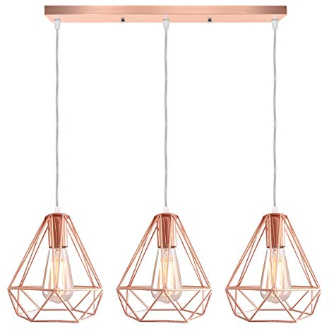 3-flammig Vintage Pendelleuchte, iDEGU Industrielle Hängelampe Edison-Stil Diamant Käfig Lampenschirm Retro Metall E27 Hängeleuchte Kronleuchter für Esszimmer Küche, Ø 20.5cm, Roségold
