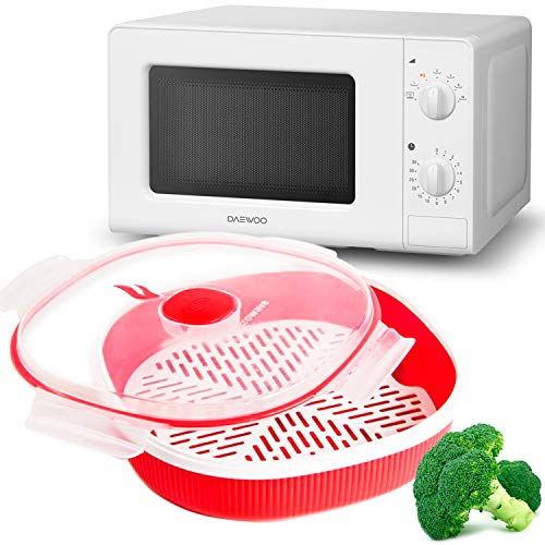 MovilCom® - Vaporera 2L para cocinar al Vapor en microondas, con escurridor de Rejilla y válvula para Vapor. Color Rojo