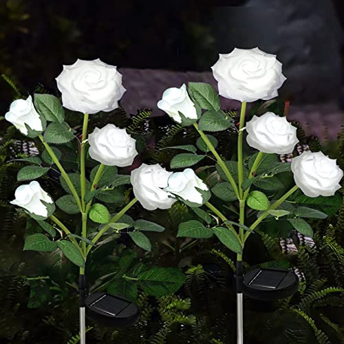 eaaerr Solarlampen für Außen Garten, 2 Stücke Solarleuchten Garten mit 10 Größere Rosenblüten, Wasserdicht Garten Solarleuchten für Wege, Hof, weihnachtsdeko aussen (Weiß)