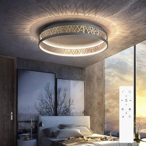 Yuanfenghua LED Deckenleuchte Mit Fernbedienung, Dimmbar Schlafzimmer Lampe, Rund Schwarz Gold Aushöhlen Design Wohnzimmer Deckenlamp Ø50×H12CM
