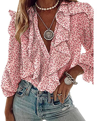 Loalirando Chemisier Femme à Manches Longues Chic Élégant Col en V Chemisier de Bureau Décontracté Sexy à Volant, Rose, L