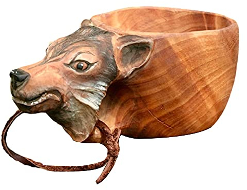 Taza de madera tallada a mano de Kuksa, taza con imagen de cabeza de animales Kuksa Guksi, taza de campamento para beber Bushcraft, bonito regalo para quien le gusta la naturaleza (G)