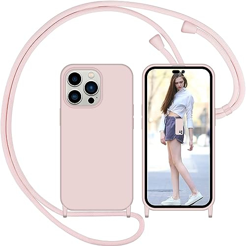 Nupcknn Liquid Silikon Handykette Hülle für iPhone 13 Pro Max Hülle Necklace(abnehmbar) Hülle mit Kordel zum Umhängen Handy Schutzhülle mit Band (Rosegold, 6.7)