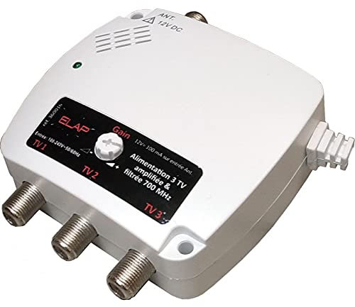Alimentation amplifiée filtrée HDME 230V / 12V - 50mA pour préamplificateur TV, 3 sorties TV + filtre 5G LTE 700 MHz + réglage de gain
