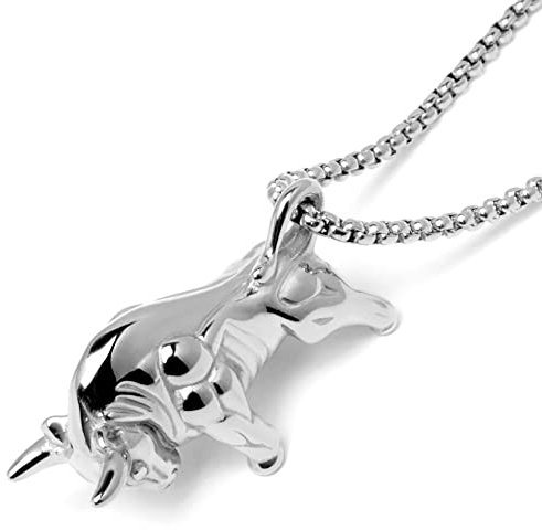 Schmuck-Checker Massiver Stier-Anhänger 3D mit Halskette 316L Edelstahl Wallstreet Bullish Bull Sternzeichen Männer Geschenk Silber Gold (Silber)
