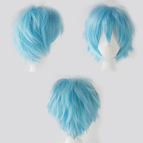 Anime Perücke Himmelblau Kurze Cosplay Perücken Halloween Damen Herren Synthetische Gerade Fancy Dress Perücke Gewellt Glatt Perücke Karneval Kostüm Party Perücke mit Gratis Mütze für Frauen Männer