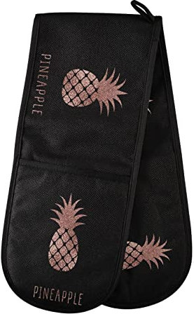 Long Double Oven Mitts, Rose Gold Pineapple Pattern Heat Resistant Quilted Kitchen Oven Gloves with Loop Washable for Microwave Cooking Baking Grilling Barbecue, 7 x 35