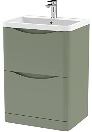 nuie LUN801 Lunar Modern Bathroom Floor Standing 2 Drawer Vanity Basin Unit with Polymarble Basin, 600mm, Satin Green