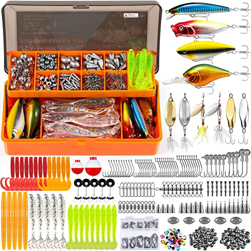 PLUSINNO Angelköder für 12 Rigs, Angelausrüstungsbox mit Angelzubehör inklusive Kurbelköder, Löffel, Gewichte und mehr Angelzubehör, 353-teiliges Angelköder-Ausrüstungs-Set für Süßwasser-Barsche