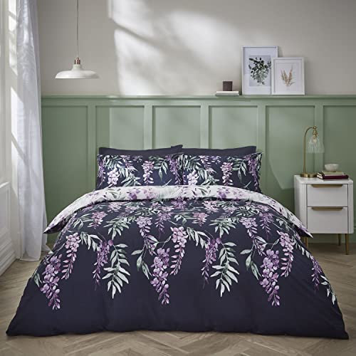 Catherine Lansfield Bedding Wisteria Double Duvet Cover Set with Pillowcases White/Navy